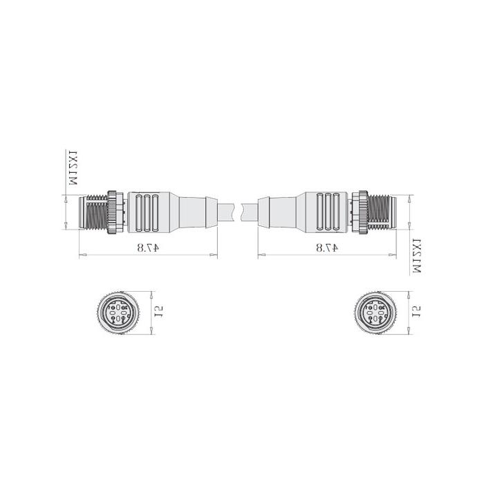 M12 4Pin D-coded、公头直型转公头直型、双端预铸PUR柔性电缆、带屏蔽、黑色护套、64DD25-XXX