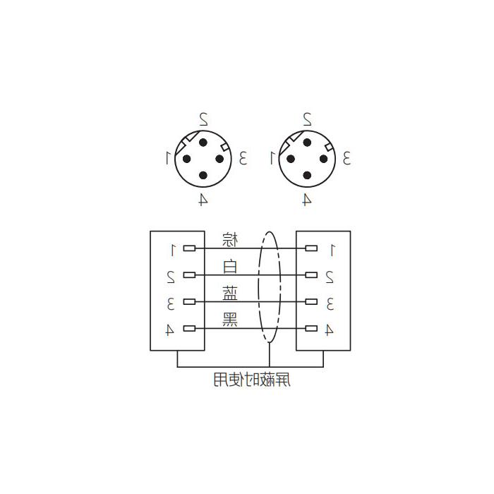 M12 4Pin D-coded、公头直型转公头直型、双端预铸PUR柔性电缆、带屏蔽、黑色护套、64DD25-XXX